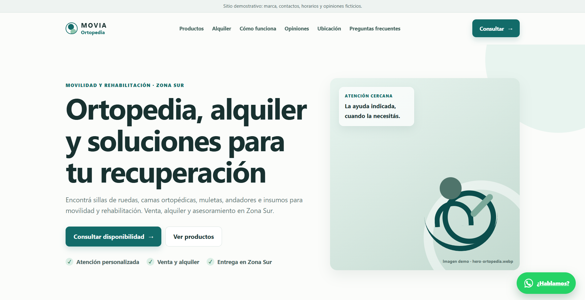 Hero de la demo MOVIA Ortopedia con navegación, consulta y propuesta de productos y alquiler