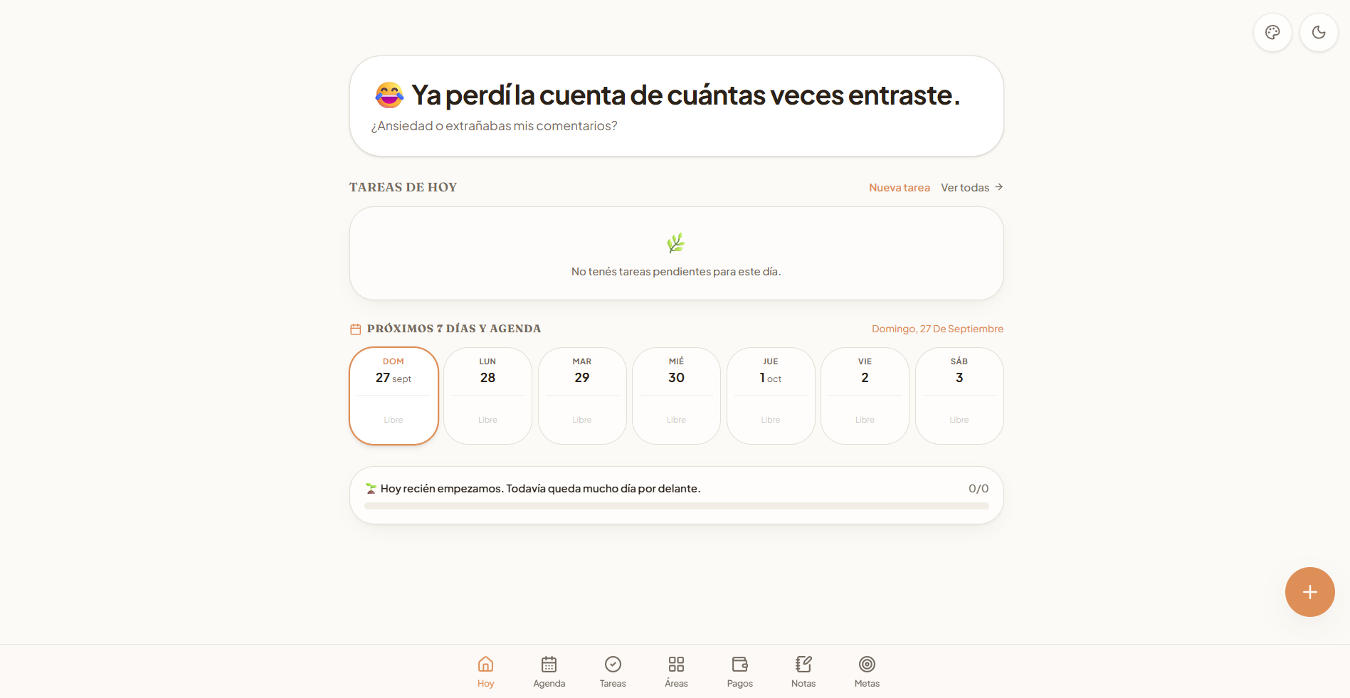 Inicio de Planner con tareas del día, agenda semanal y accesos a áreas de organización