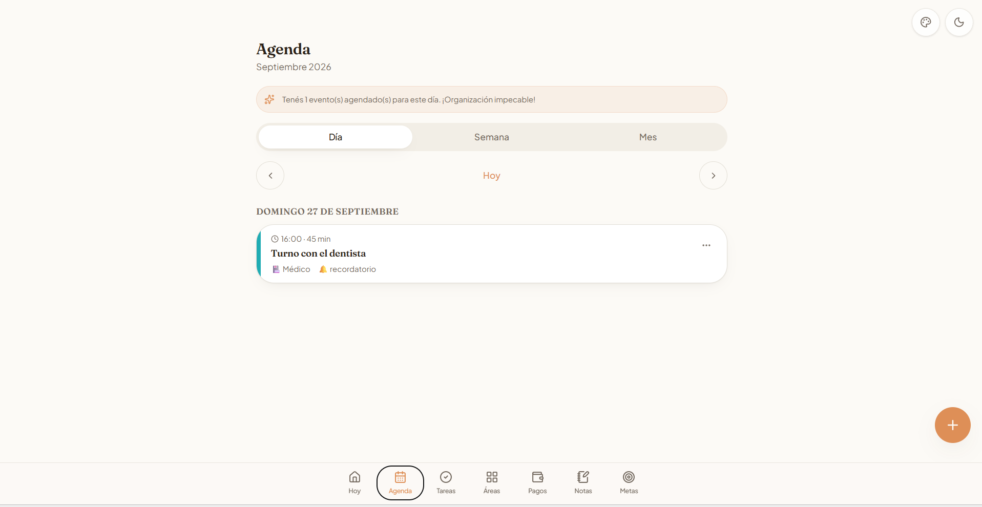Vista de agenda de Planner con un evento del día