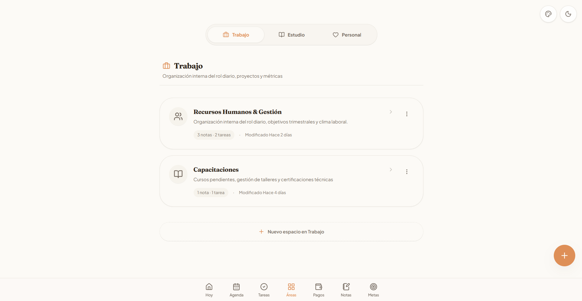 Vista de áreas de Planner para trabajo, estudio y vida personal