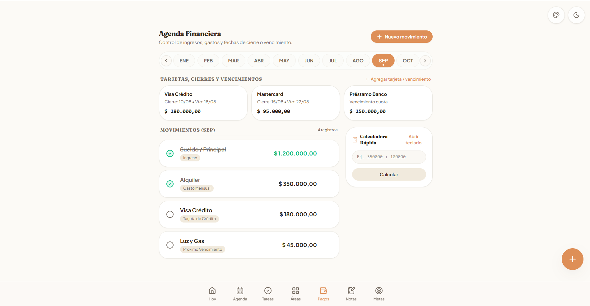 Vista de finanzas de Planner con movimientos y vencimientos