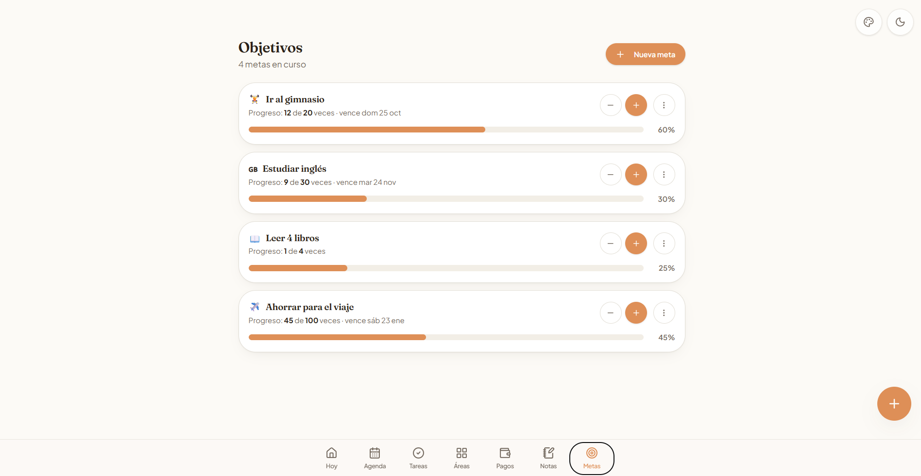 Vista de metas de Planner con objetivos y barras de progreso