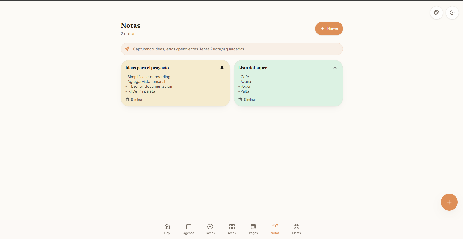 Vista de notas de Planner con ideas y listas guardadas