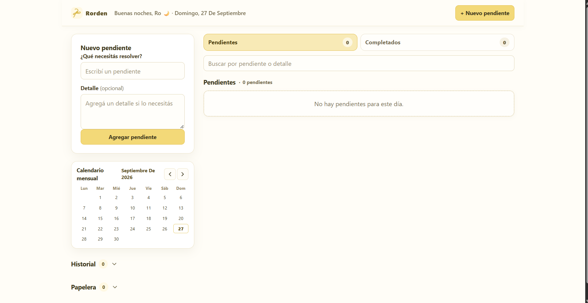 Interfaz de RORDEN para crear pendientes, revisarlos y consultarlos en un calendario