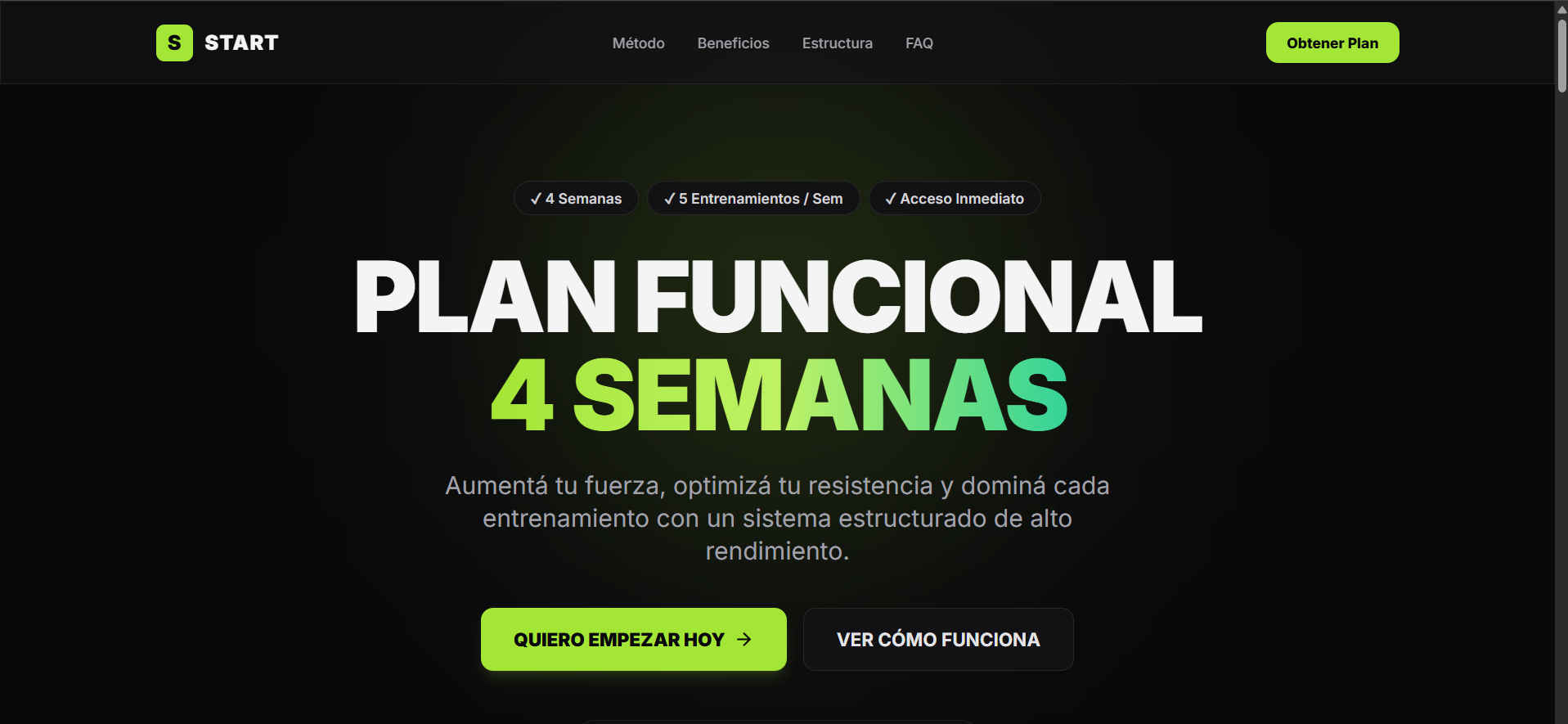 Hero de la demo START con presentación de un plan funcional de cuatro semanas